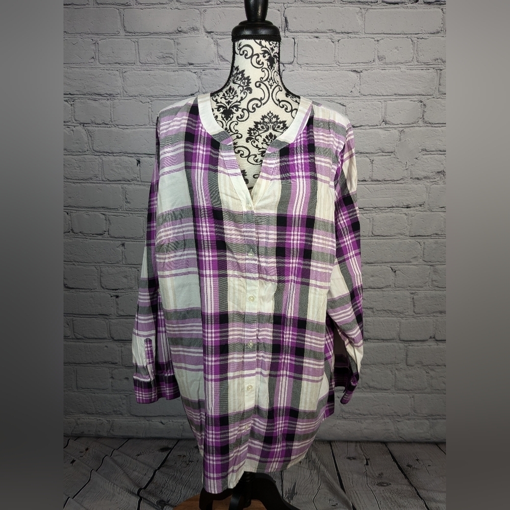 Croft & Barrow womens long sleeve button front plaid print shirt plus sz 2x BBIN